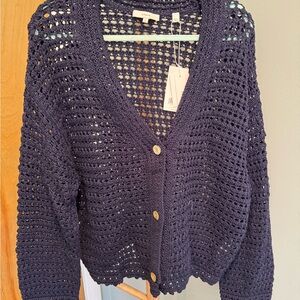 Vince organic cotton Deep Blue Open-Knit Cardigan